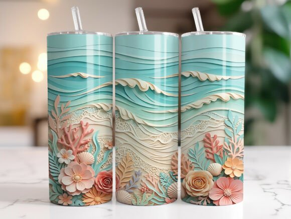3D Ocean Waves Floral Tumbler Wrap