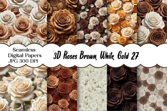 3D Roses Brown, White, Gold Pattern